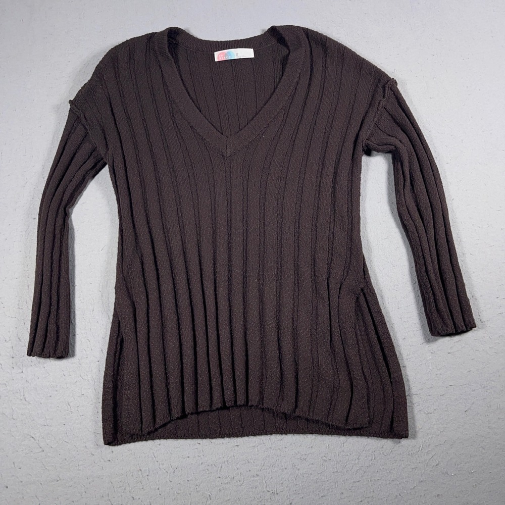 Free People Beach Sweater Women XS Brown Ribbed Knit Tunic Long‎ Sleeve Casual